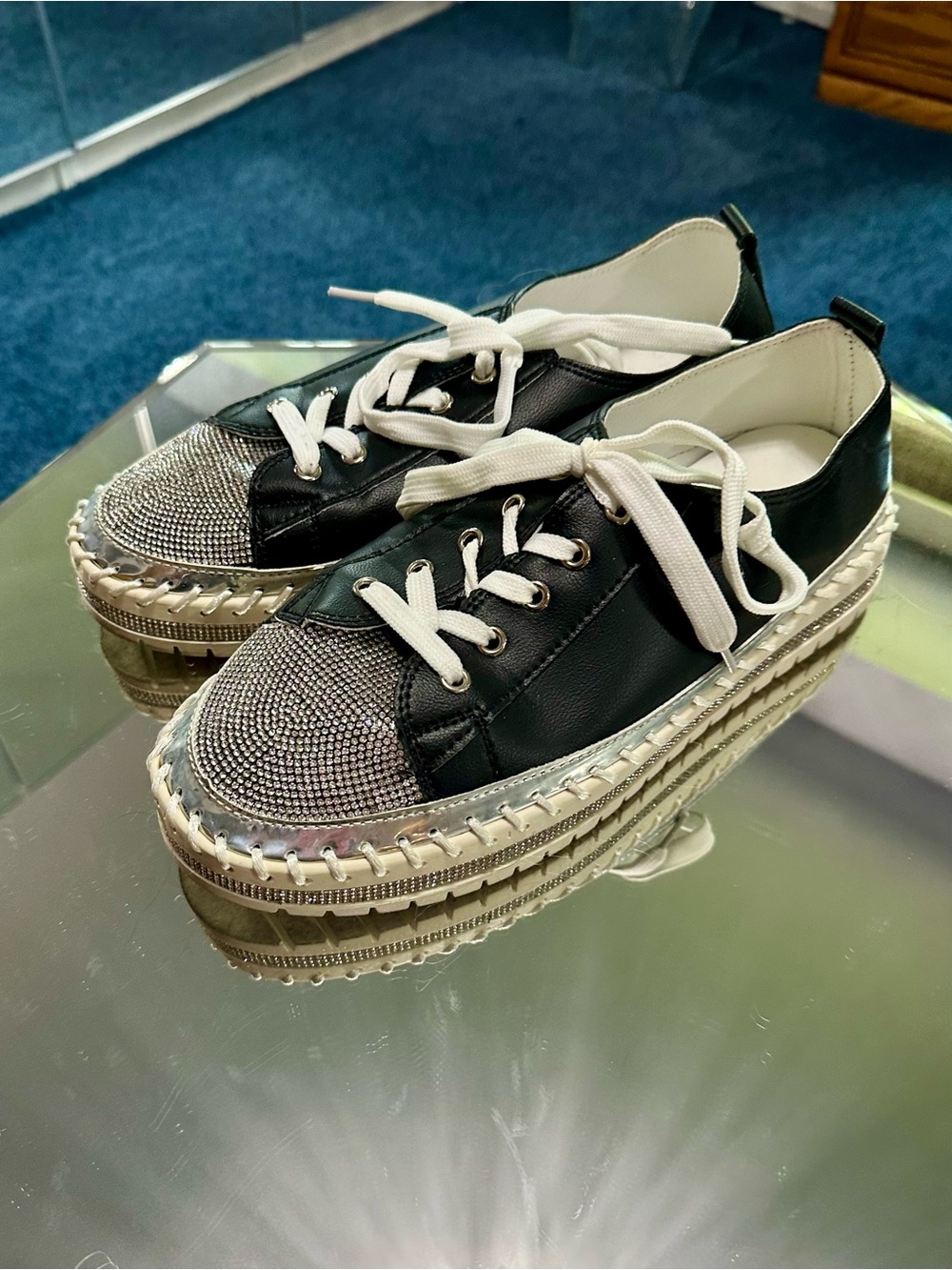 Rhinestone Lace-Up Sneakers with Crystal Toe in Black